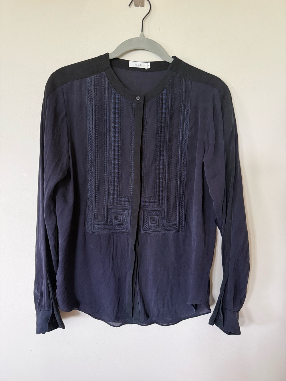 A.L.C. Dark Navy Embroidered Collarless Silk Blouse